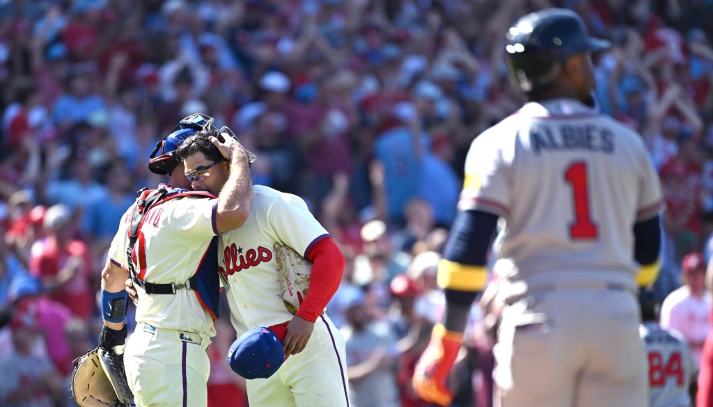 Sep 7, 2026; Philadelphia, Pennsylvania, USA; Philadelphia Phillies catcher J.T. Realmuto (10) and pitcher Jesús Luzardo (44) celebrate win against the Atlanta Braves at Citizens Bank Park.