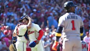 Sep 7, 2026; Philadelphia, Pennsylvania, USA; Philadelphia Phillies catcher J.T. Realmuto (10) and pitcher Jesús Luzardo (44) celebrate win against the Atlanta Braves at Citizens Bank Park.
