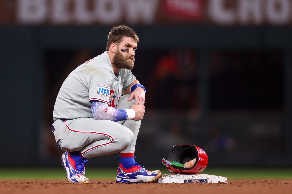 Sep 11, 2026; Atlanta, Georgia, USA; Philadelphia Phillies right fielder Bryce Harper (3) on second base against the Atlanta Braves in the ninth inning at Truist Park.