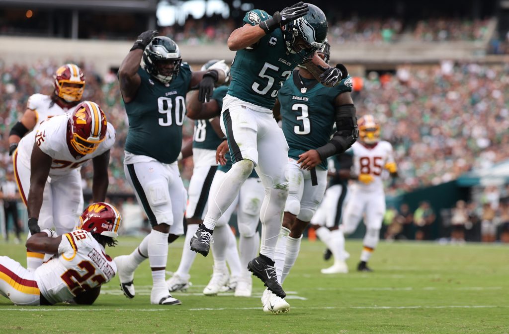 Sep 13, 2026; Philadelphia, Pennsylvania, USA; Philadelphia Eagles linebacker Zack Baun (53) celebrates after a tackle of Washington Commanders running back Jacory Croskey-Merritt (22) during the first half at Lincoln Financial Field.