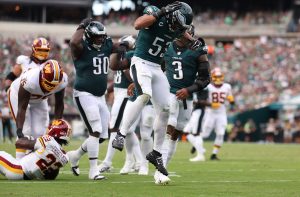 Sep 13, 2026; Philadelphia, Pennsylvania, USA; Philadelphia Eagles linebacker Zack Baun (53) celebrates after a tackle of Washington Commanders running back Jacory Croskey-Merritt (22) during the first half at Lincoln Financial Field.