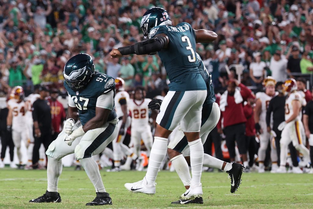 Sep 13, 2026; Philadelphia, Pennsylvania, USA; Philadelphia Eagles defensive tackle Moro Ojomo (97) reacts after stopping a two-point conversion against the Washington Commanders during the second half at Lincoln Financial Field.