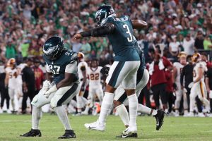 Sep 13, 2026; Philadelphia, Pennsylvania, USA; Philadelphia Eagles defensive tackle Moro Ojomo (97) reacts after stopping a two-point conversion against the Washington Commanders during the second half at Lincoln Financial Field.