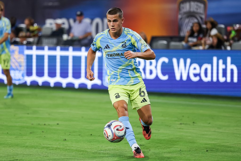 Sep 13, 2026; San Diego, California, USA; Philadelphia Union midfielder Cavan Sullivan (6) moves the ball during the second half against San Diego FC at Snapdragon Stadium. Mandatory Credit: