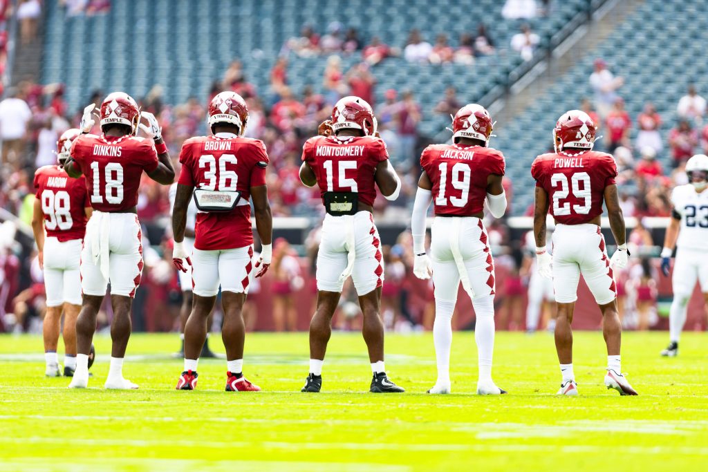 A group of Temple football players stand next to each other during the game against Penn State on Sept. 12, 2026.