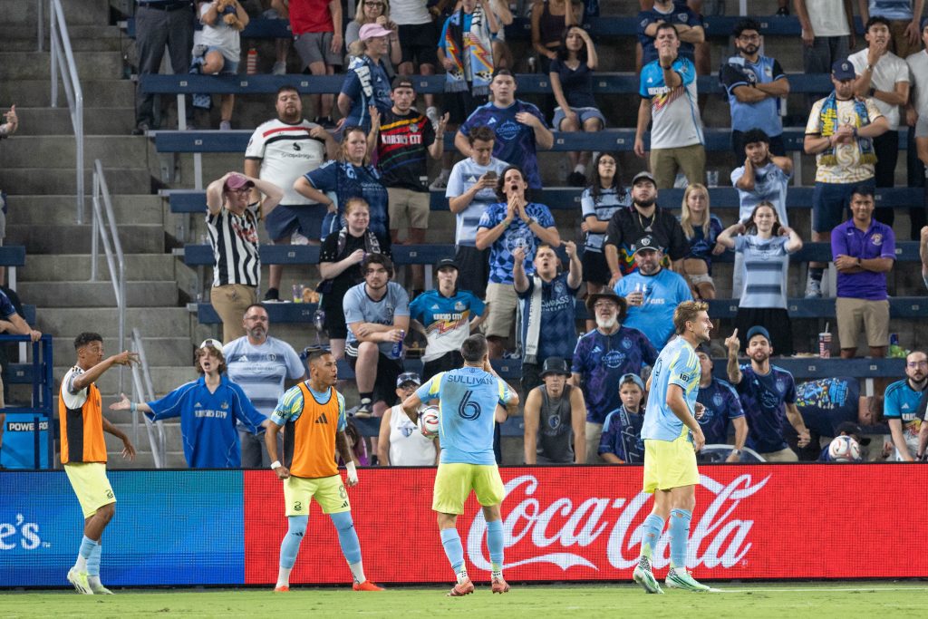 Sep 19, 2026; Kansas City, Kansas, USA; Philadelphia Union midfielder Cavan Sullivan (6) celebrates after Philadelphia takes the lead 4-3 over Sporting Kansas City at Children's Mercy Park.