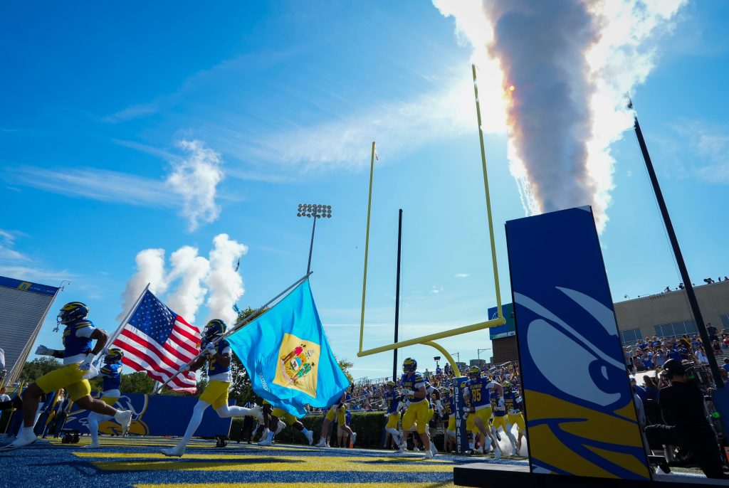 Delaware takes the field before the start of the Blue Hens 22-14 win against Coastal Carolina at Delaware Stadium, Sept. 19, 2026.