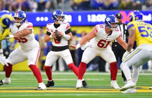 Sep 21, 2026; Inglewood, California, USA; New York Giants quarterback Jaxson Dart (6) drops to throw during the first quarter against the Los Angeles Rams at SoFi Stadium.