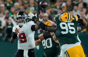 Atlanta Falcons quarterback Michael Penix Jr. (9) passes the ball against the Green Bay Packers on Thursday, Sept. 24, 2026, at Lambeau Field in Green Bay, Wisconsin.