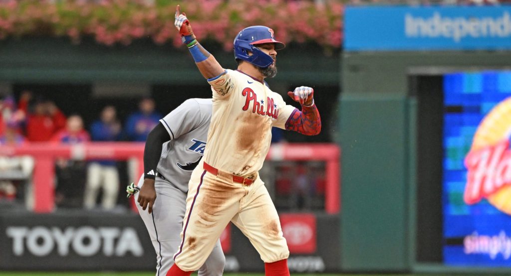Sep 27, 2026; Philadelphia, Pennsylvania, USA; Philadelphia Phillies designated hitter Kyle Schwarber (12) reacts after after hitting a two RBI double during the second inning against the Tampa Bay Rays at Citizens Bank Park.