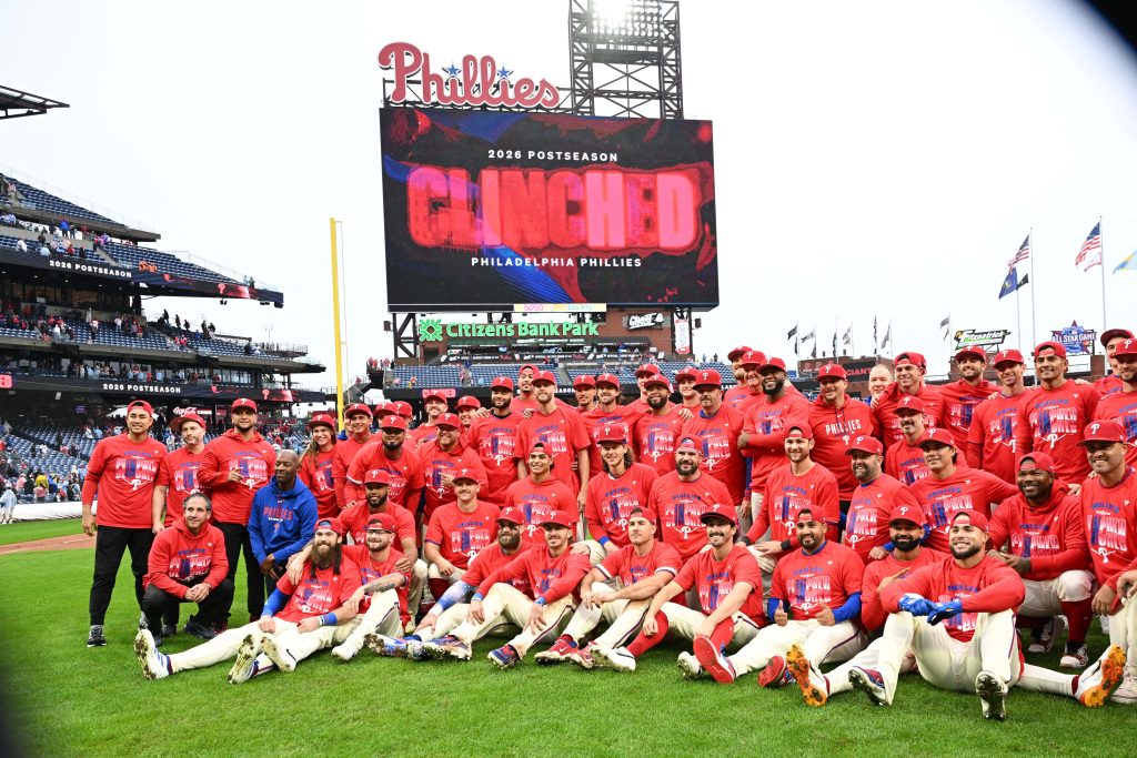 Sep 27, 2026; Philadelphia, Pennsylvania, USA; Philadelphia Phillies gather for a team photo after clinching a wild card spot in the postseason with a win against the Tampa Bay Rays at Citizens Bank Park.