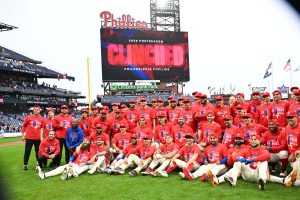 Sep 27, 2026; Philadelphia, Pennsylvania, USA; Philadelphia Phillies gather for a team photo after clinching a wild card spot in the postseason with a win against the Tampa Bay Rays at Citizens Bank Park.