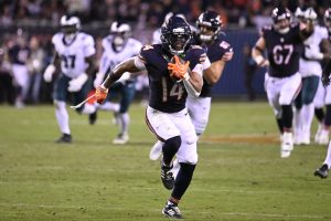 Sep 28, 2026; Chicago, Illinois, USA; Chicago Bears wide receiver Kalif Raymond (14) runs to score a touchdown against the Philadelphia Eagles during the second halfat Soldier Field.