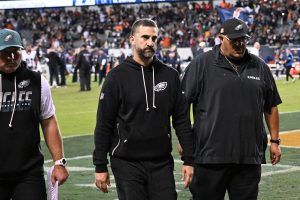 Sep 28, 2026; Chicago, Illinois, USA; Philadelphia Eagles head coach Nick Sirianni leaves the field after the game against the Chicago Bears at Soldier Field.