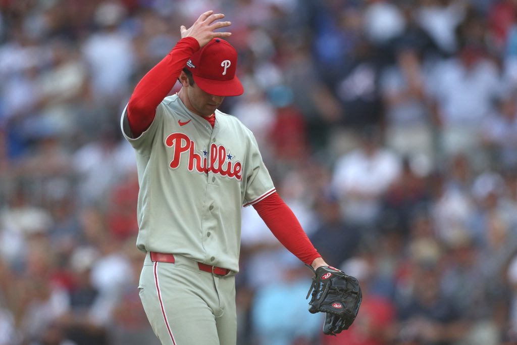 Sep 30, 2026; Cumberland, Georgia, USA; Philadelphia Phillies pitcher Andrew Painter (24) challenges a call against the Atlanta Braves in the tenth inning during game two of the Wildcard round for the 2026 MLB Playoffs at Truist Park.