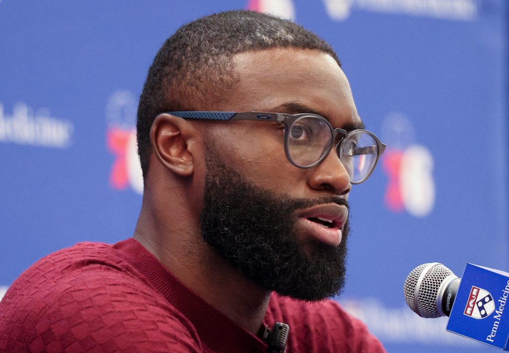 Aug 6, 2026; Camden, NJ, USA; Philadelphia 76ers guard Jaylen Brown speaks with the media during his introductory press conference at the Francis J. Myers Recreation Center.