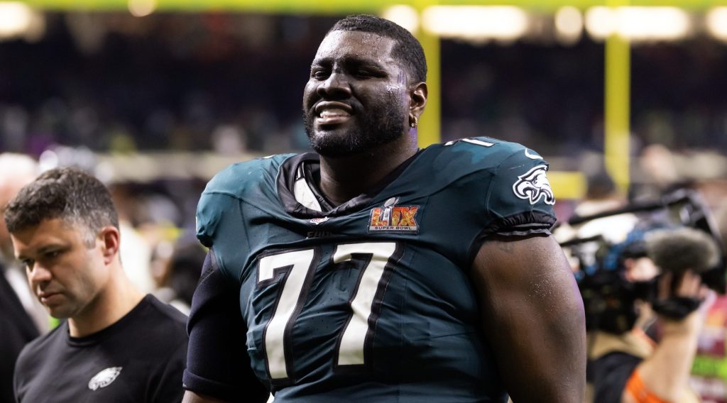 Feb 9, 2025; New Orleans, LA, USA; Philadelphia Eagles offensive tackle Mekhi Becton (77) against the Kansas City Chiefs during Super Bowl LIX at Ceasars Superdome.