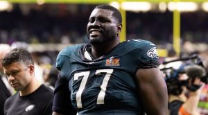Feb 9, 2025; New Orleans, LA, USA; Philadelphia Eagles offensive tackle Mekhi Becton (77) against the Kansas City Chiefs during Super Bowl LIX at Ceasars Superdome.