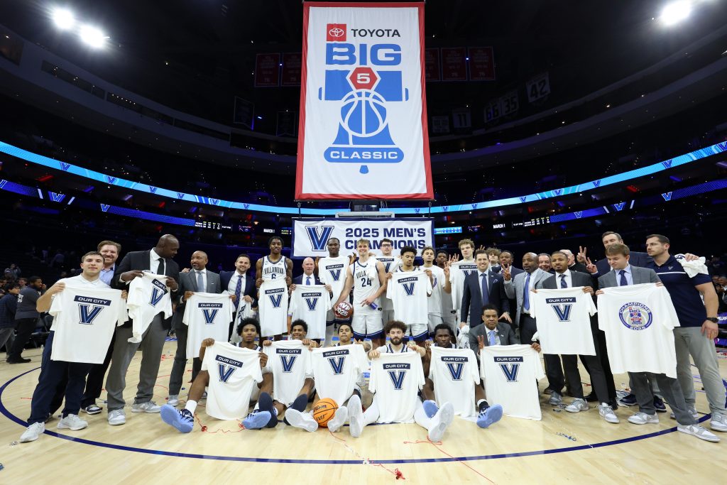 Dec 6, 2025; Philadelphia, PA, USA; The Villanova Wildcats pose for a photo after winning the Big 5 Classic Championship against the Penn Quakers at Xfinity Mobile Arena.