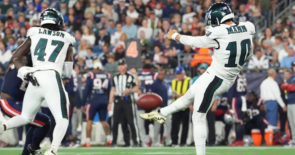 Aug 22, 2026; Foxborough, Massachusetts, USA; Philadelphia Eagles punter Braden Mann (10) punts the ball against the New England Patriots during the first half at Gillette Stadium.