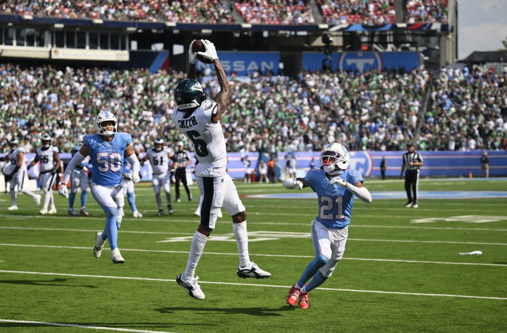 Sep 20, 2026; Nashville, Tennessee, USA; Philadelphia Eagles wide receiver DeVonta Smith (6) catches the ball during the fourth quarter at Nissan Stadium.