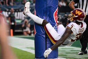 Sep 13, 2026; Philadelphia, Pennsylvania, USA; Washington Commanders wide receiver Stefon Diggs (3) celebrates after a touchdown against the Philadelphia Eagles during the second half at Lincoln Financial Field.