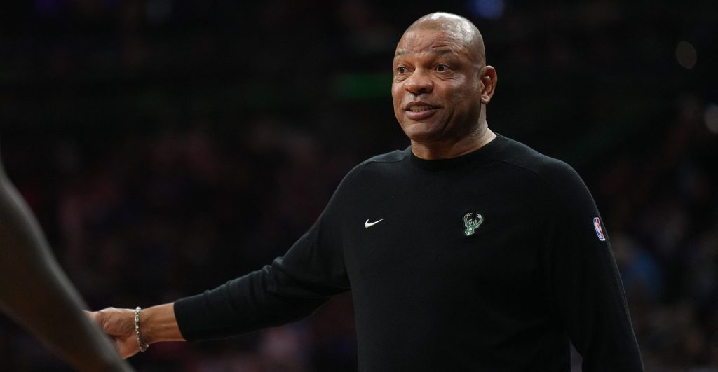 Apr 12, 2026; Philadelphia, Pennsylvania, USA; Milwaukee Bucks head coach Doc Rivers reacts against the Philadelphia 76ers in the third quarter at Xfinity Mobile Arena.