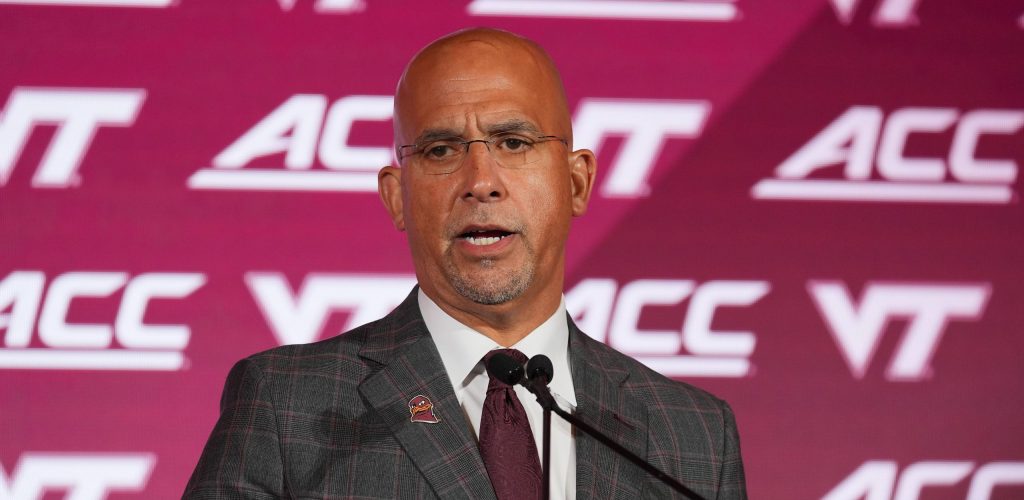 Jul 16, 2026; Charlotte, NC, USA; Virginia Tech head coach James Franklin speaks to the media during Media Day at Hilton Charlotte Uptown.