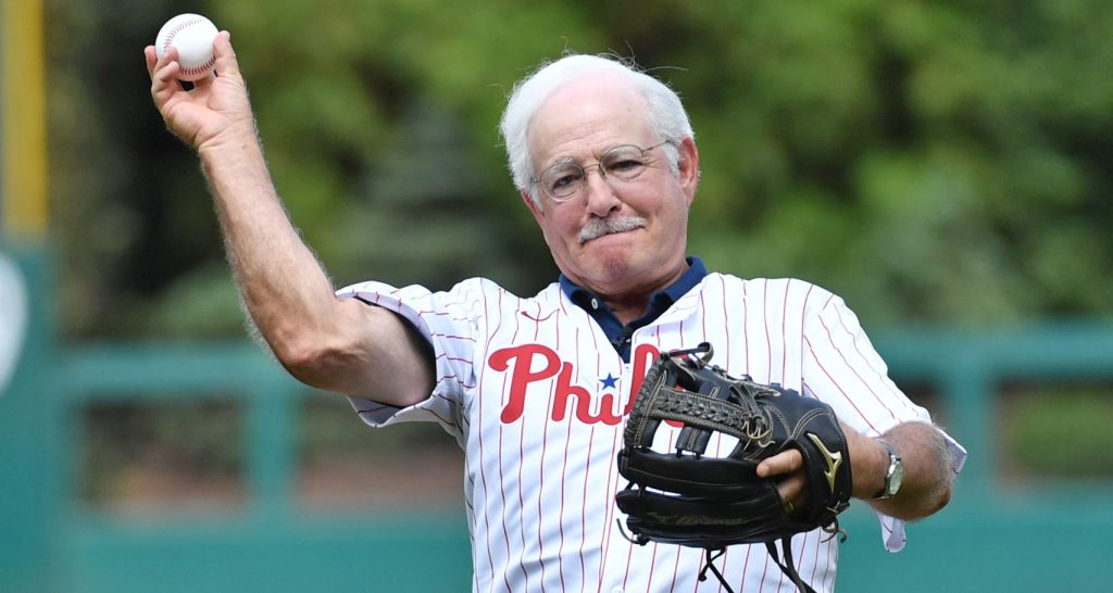 Aug 21, 2022; Philadelphia, Pennsylvania, USA; Retiring 6ABC Action News anchor Jim Gardner throws out the first pitch before game between Philadelphia Phillies and New York Mets at Citizens Bank Park.