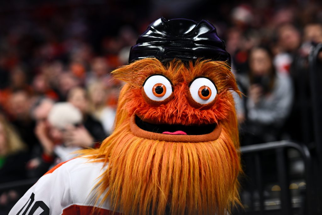 Feb 22, 2025; Philadelphia, Pennsylvania, USA; Philadelphia Flyers mascot Gritty entertains fans during the game against the Edmonton Oilers at Wells Fargo Center.