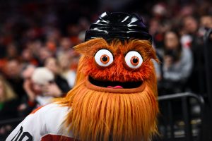 Feb 22, 2025; Philadelphia, Pennsylvania, USA; Philadelphia Flyers mascot Gritty entertains fans during the game against the Edmonton Oilers at Wells Fargo Center.