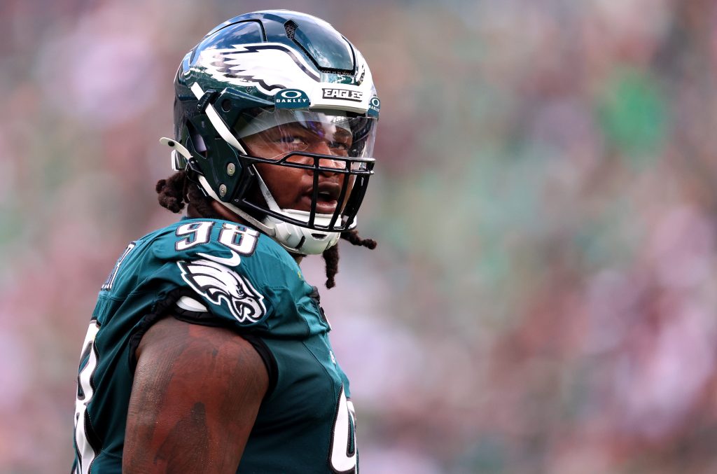 Sep 13, 2026; Philadelphia, Pennsylvania, USA; Philadelphia Eagles defensive tackle Jalen Carter (98) is seen against the Washington Commanders during the first half at Lincoln Financial Field.