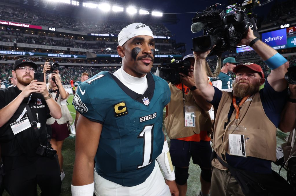 Sep 13, 2026; Philadelphia, Pennsylvania, USA; Philadelphia Eagles quarterback Jalen Hurts (1) walks off the field after the game against the Washington Commanders at Lincoln Financial Field.