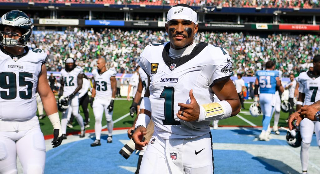 Sep 20, 2026; Nashville, Tennessee, USA; Philadelphia Eagles quarterback Jalen Hurts (1) during post game against the Tennessee Titans at Nissan Stadium.