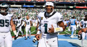 Sep 20, 2026; Nashville, Tennessee, USA; Philadelphia Eagles quarterback Jalen Hurts (1) during post game against the Tennessee Titans at Nissan Stadium.