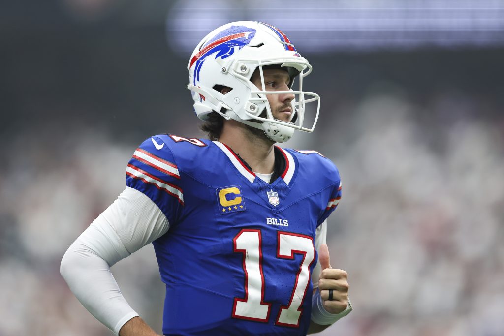 Sep 13, 2026; Houston, Texas, USA; Buffalo Bills quarterback Josh Allen (17) jogs on the field during the game against the Houston Texans at Reliant Stadium.
