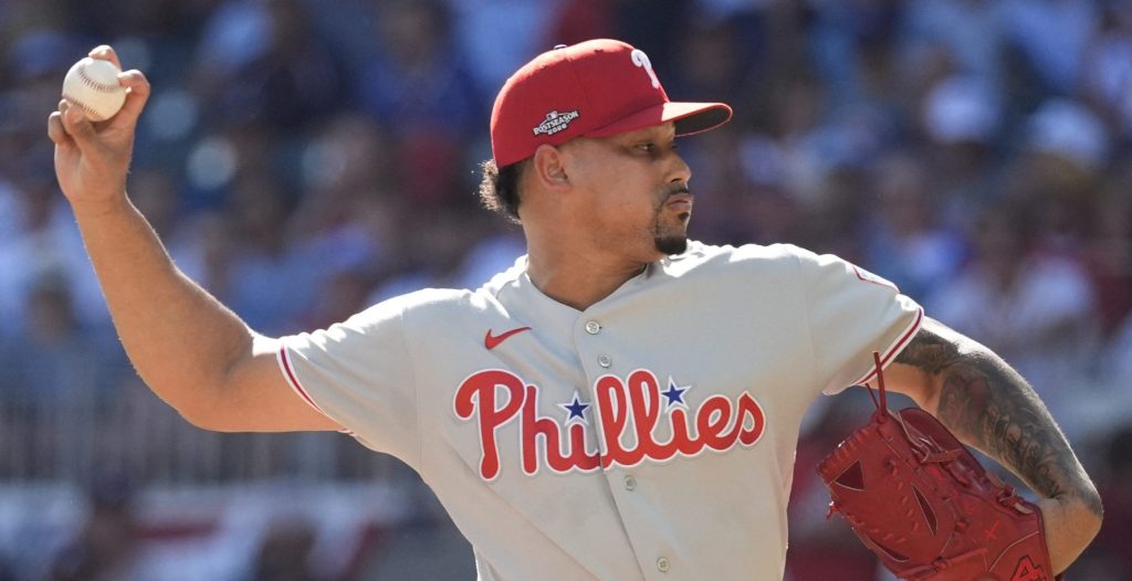 Sep 29, 2026; Cumberland, Georgia, USA; Philadelphia Phillies pitcher Jhoan Duran (59) throws a pitch against the Atlanta Braves in the seventh inning during game one of the Wildcard round for the 2026 MLB Playoffs at Truist Park.