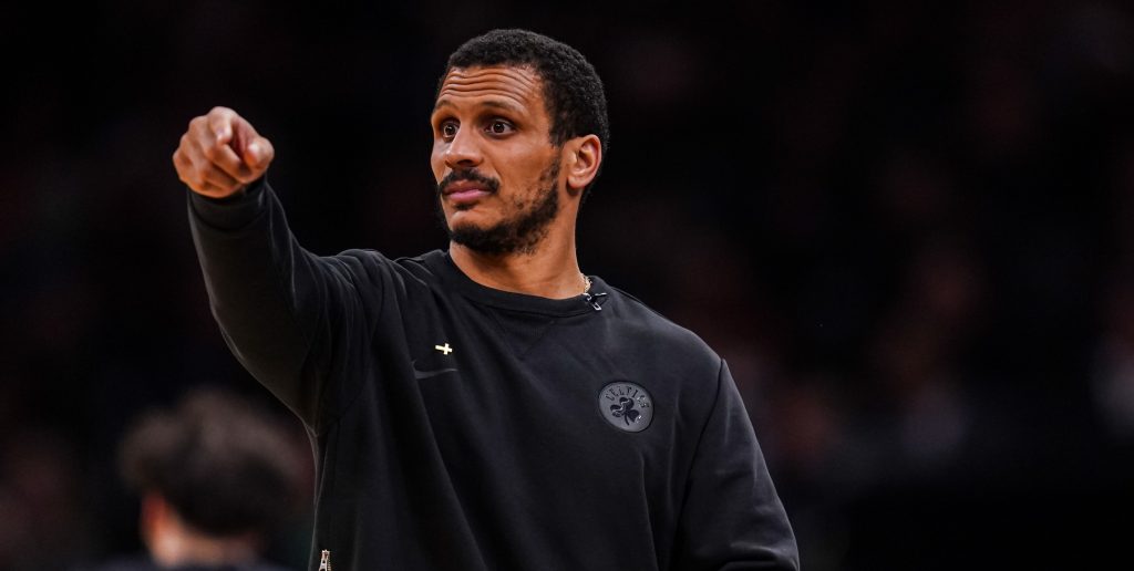 Apr 28, 2026; Boston, Massachusetts, USA; Boston Celtics head coach Joe Mazzulla watches from the sideline as they take on the Philadelphia 76ers during game five of the first round of the 2026 NBA Playoffs at TD Garden.