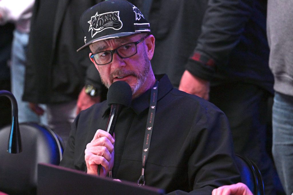 Mar 15, 2026; Philadelphia, Pennsylvania, USA; Philadelphia 76ers public address announcer Matt Cord during player introductions before game against the Portland Trail Blazers at Xfinity Mobile Arena. He announced that he is retiring at that end of this season.