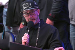 Mar 15, 2026; Philadelphia, Pennsylvania, USA; Philadelphia 76ers public address announcer Matt Cord during player introductions before game against the Portland Trail Blazers at Xfinity Mobile Arena. He announced that he is retiring at that end of this season.