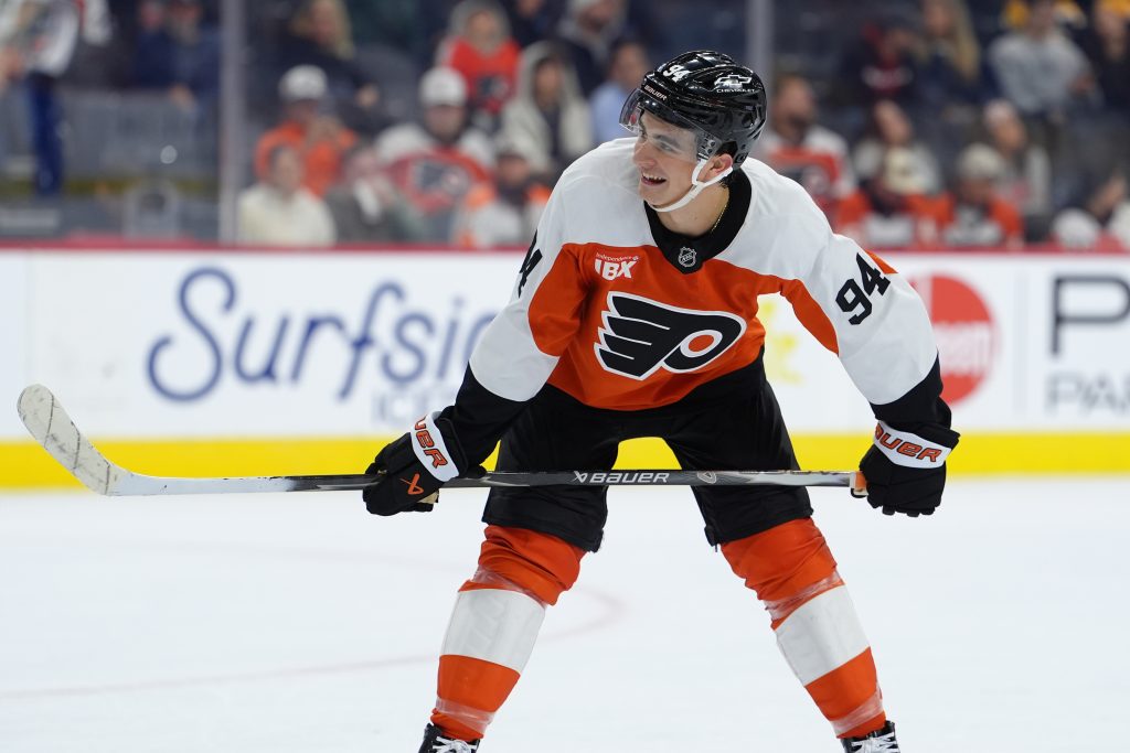 Sep 24, 2026; Philadelphia, Pennsylvania, USA; Philadelphia Flyers right wing Porter Martone (94) reacts against the Boston Bruins in the second period at Xfinity Mobile Arena.