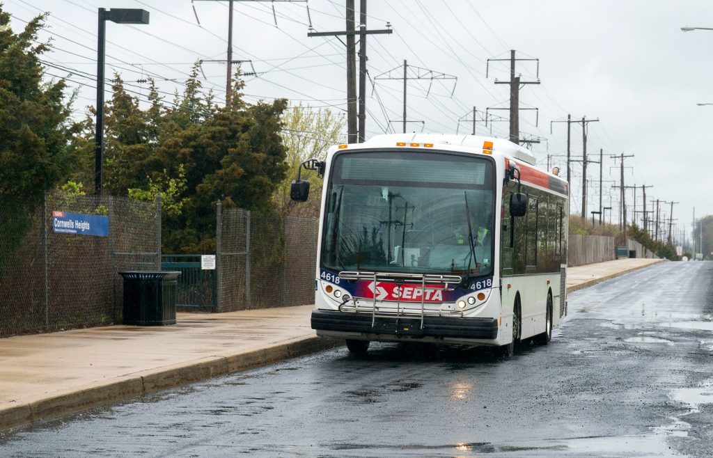 A SEPTA bus stops at the Cornwells Heights SEPTA train station, along the Trenton Line which could have services cut due to a mass cut to SEPTA, in Cornwells Heights on Friday, April 10, 2025.