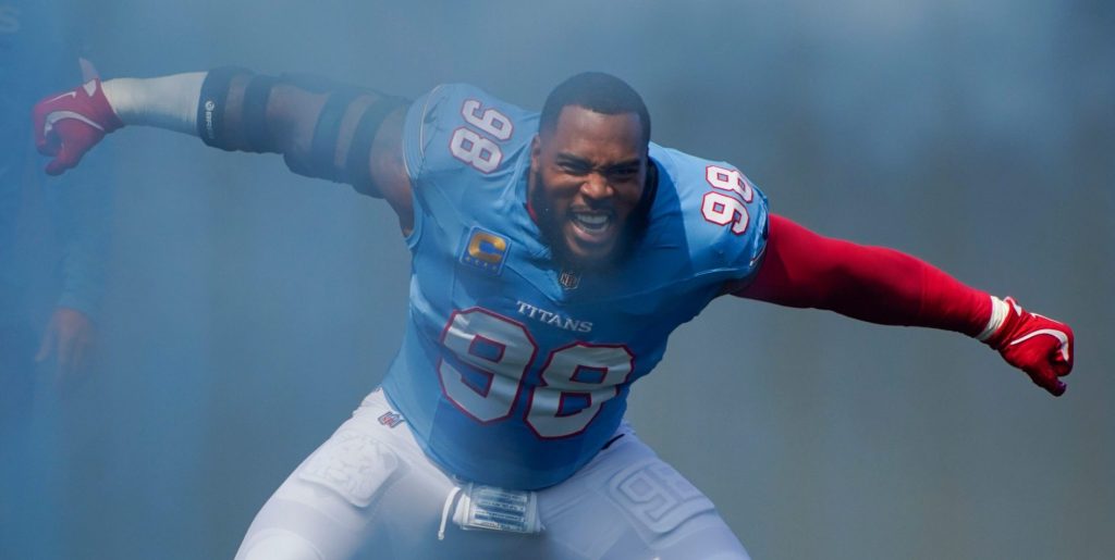 Tennessee Titans defensive tackle Jeffery Simmons (98) enters the field before the game against the Philadelphia Eagles at Nissan Stadium in Nashville, Tenn., Sunday, Sept. 20, 2026.