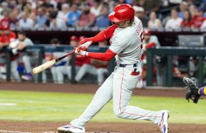 Aug 31, 2026; Phoenix, Arizona, USA; Philadelphia Phillies infielder Bryson Stott hits a solo home run in the second inning against the Arizona Diamondbacks at Chase Field.