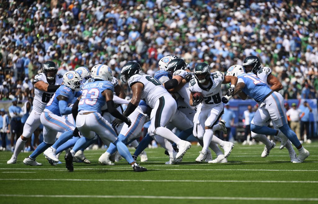 Sep 20, 2026; Nashville, Tennessee, USA; Philadelphia Eagles running back Will Shipley (28) runs the ball during the second quarter at Nissan Stadium.