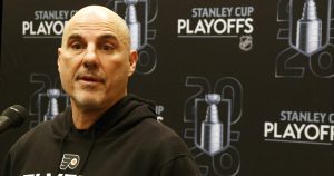 Apr 27, 2026; Pittsburgh, Pennsylvania, USA; Philadelphia Flyers head coach Rick Tocchet addresses the media before the game against the Pittsburgh Penguins in game five of the first round of the 2026 Stanley Cup Playoffs at PPG Paints Arena.