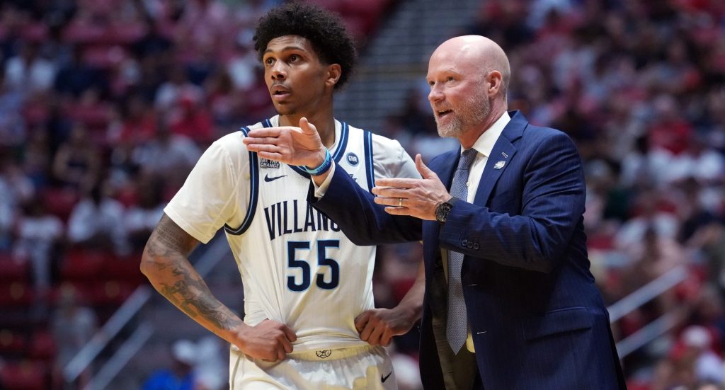 Mar 20, 2026; San Diego, CA, USA; Villanova Wildcats guard Acaden Lewis (55) talks with head coach Kevin Willard in the first half against the Utah State Aggies during a first round game of the men's 2026 NCAA Tournament at Viejas Arena.