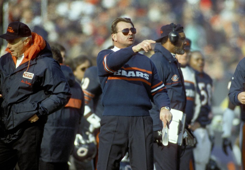 Dec 31, 1988; Chicago, IL, USA; FILE PHOTO; Chicago Bears head coach Mike Ditka on the sidlelines against the Philadelphia Eagles during the 1988 NFC Divisional Playoff game at Solider Field. The Bears defeated the Eagles 20-12 in what was deemed to be the Fog Bowl. Mandatory Credit:
