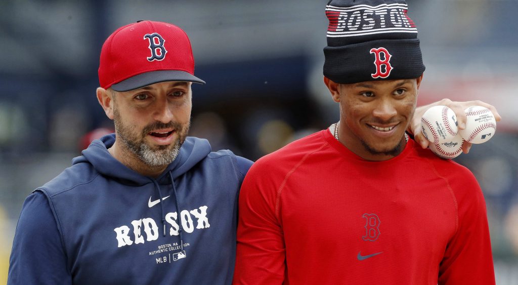 Apr 19, 2024; Pittsburgh, Pennsylvania, USA; Boston Red Sox hitting coach Peter Fatse (right) and outfielder Ceddanne Rafaela (43) talk at the batting cage before the game against the Pittsburgh Pirates at PNC Park.