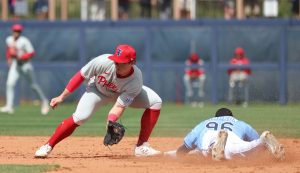 Feb 25, 2025; Port Charlotte, Florida, USA; Tampa Bay Rays outfielder Chandler Simpson (96) slides safely into second base against Philadelphia Phillies infielder Aidan Miller (81) at Charlotte Sports Park.
